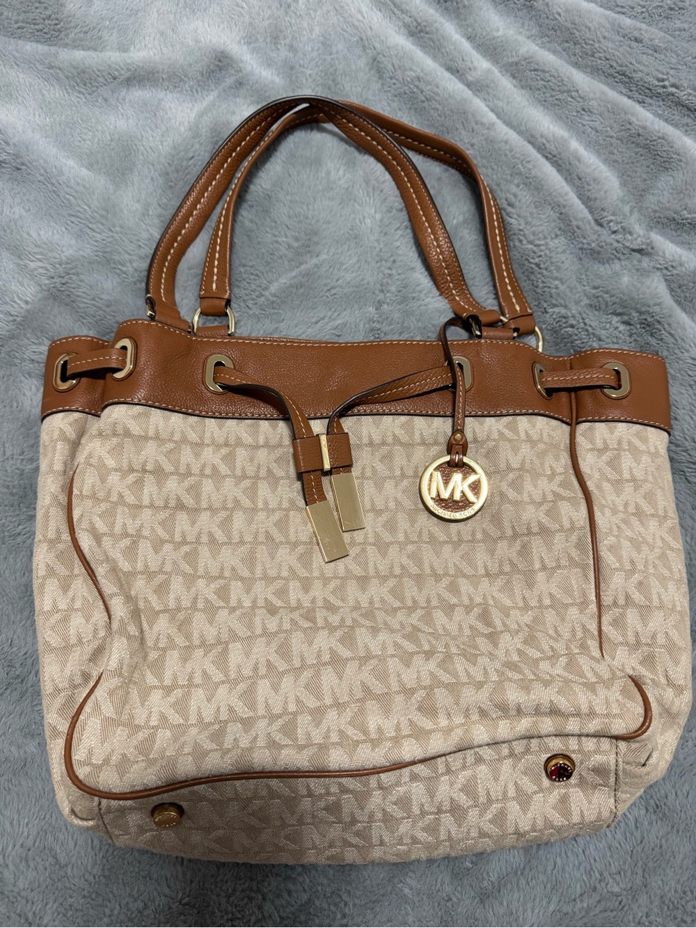 Michael Kors Cream and Brown Logo Tote with Gold Charm